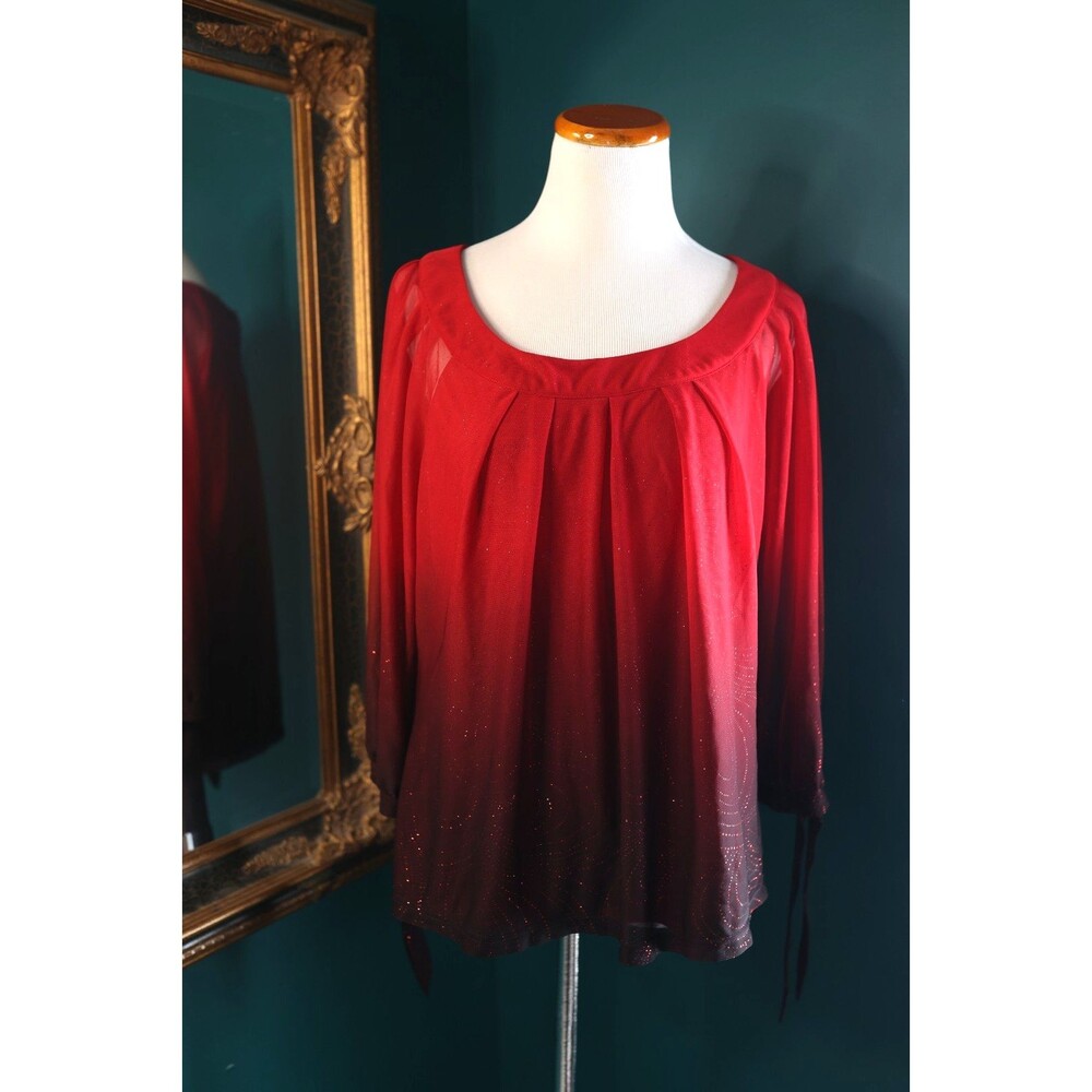 Sara Michelle Top Christmas Sparkle Shimmer Ombre Sheer Tie Sleeve Top Vamp L